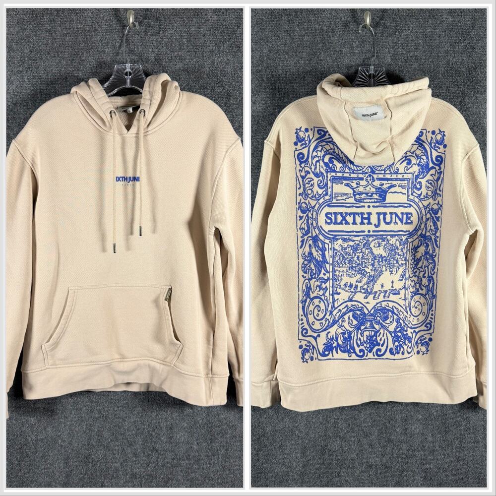 Sixth June Paris Mens Large Cream Graphic Hoodie Blue Back Print Streetwear L